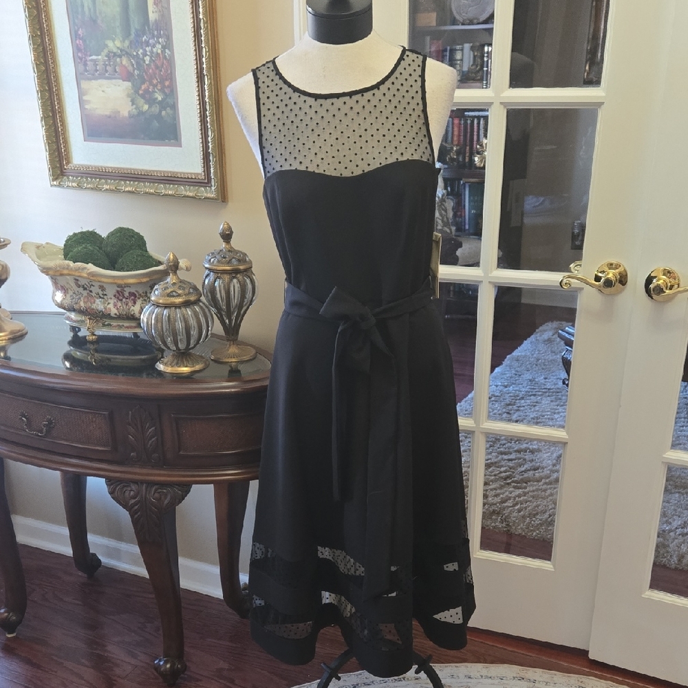 Eliza J Black Midi Dress Sheer Polka Dot Detail Tie Waist Sleeveless Size 8 NEW